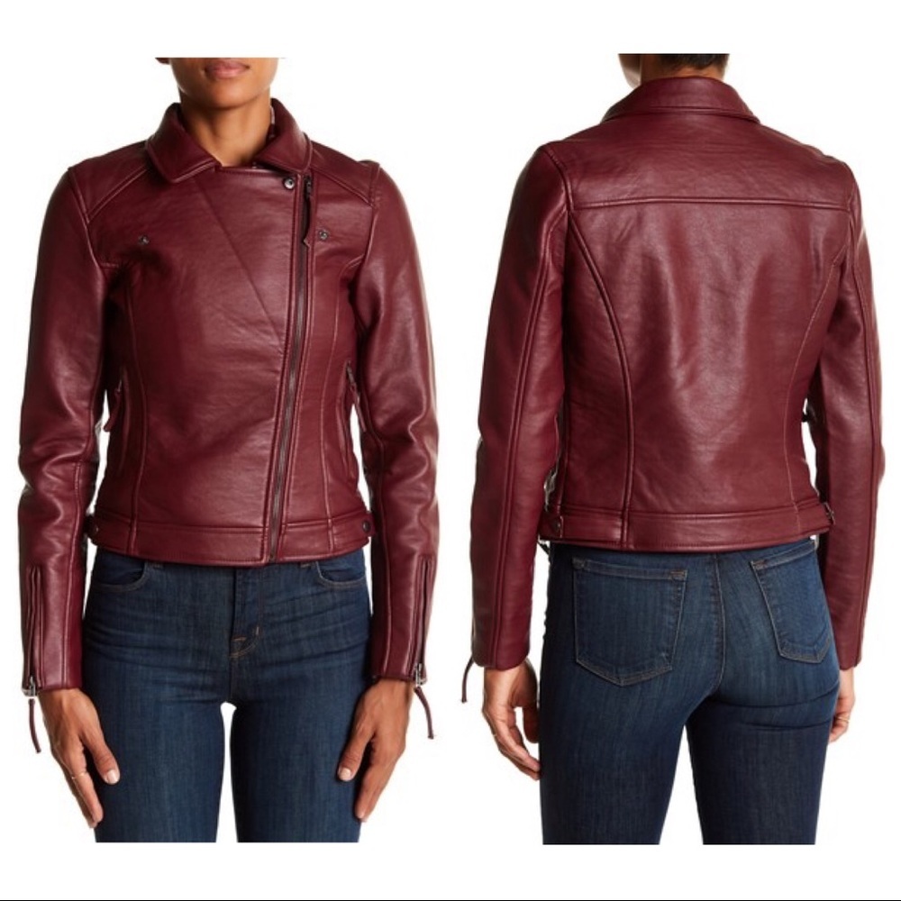 NWT Romeo + Juliet Couture Moto Jacket medium maroon red vegan leather - Picture 6 of 6